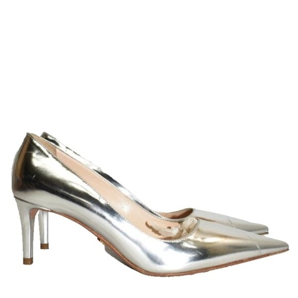 $950 PRADA Saffiano Leather Pump POINTY TOE ICONIC HEEL SILVER 36.5 (MG19) - Picture 2 of 8